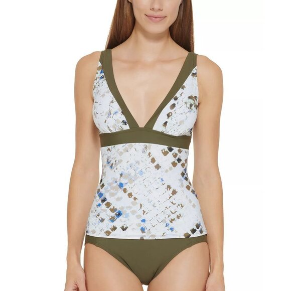 DKNY Womens Size Large Printed V Neck Tankini Top Swimsuit in Green $88 1937 - Picture 1 of 10